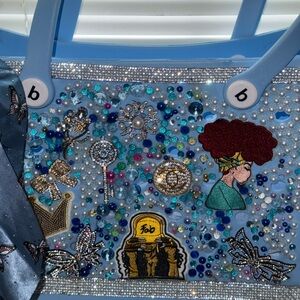 Embellished Blue Tote with Colorful Beads and Patches